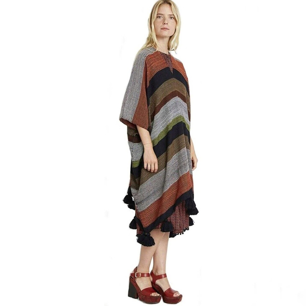 Apiece Apart Serape Poncho Stripe V-Neck Pom Pom Long one size Alpaca Wool
